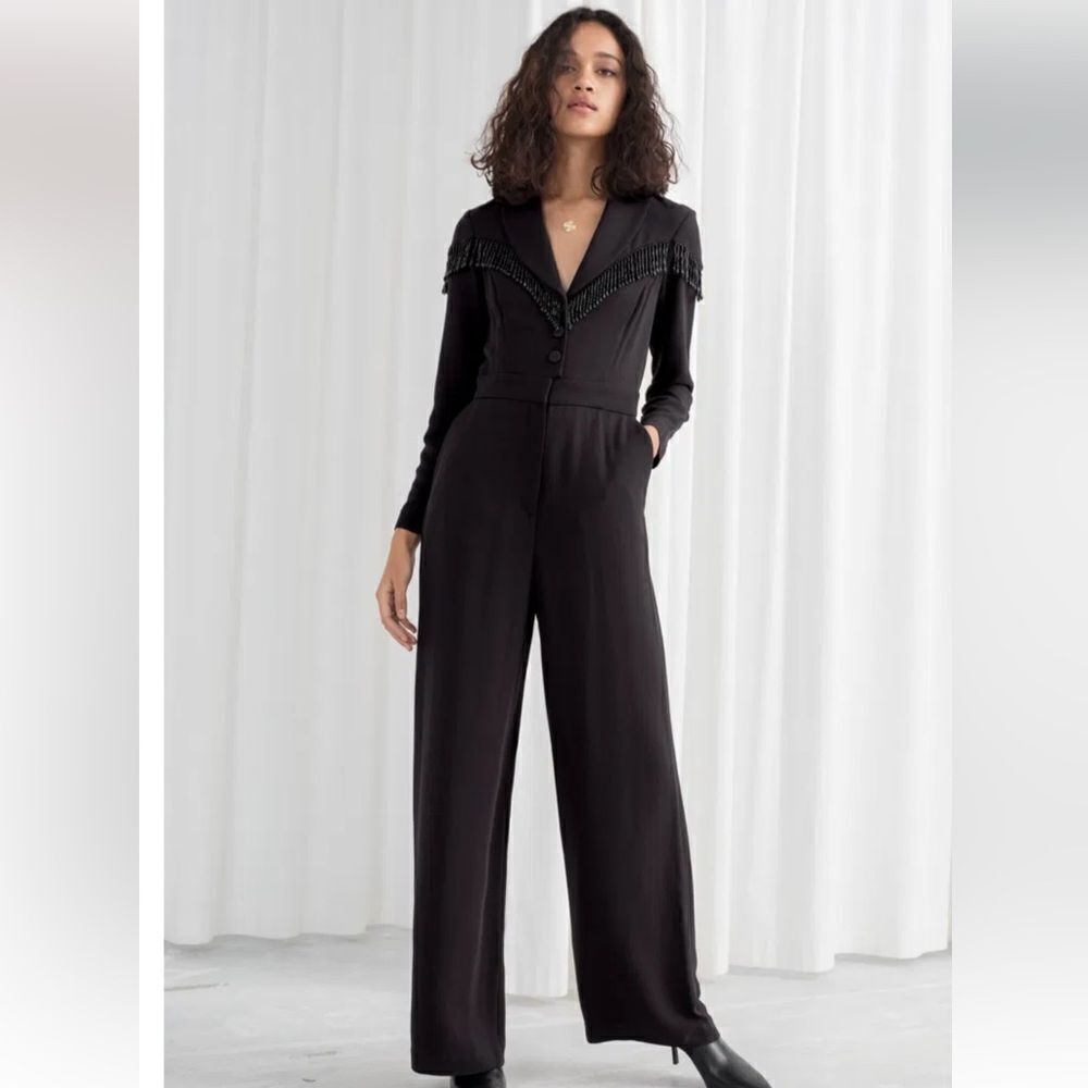 & Other Stories Jumpsuit Womens Sz 8 Black  Beaded V Neck Long Sleeve Buttons
